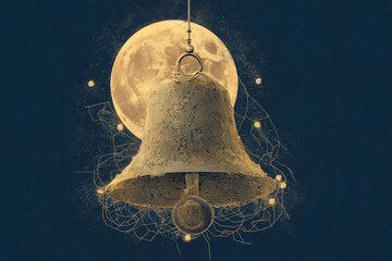 Glowing vintage style Christmas bell ornament, hand-drawn illustration crafted from golden neural circuits