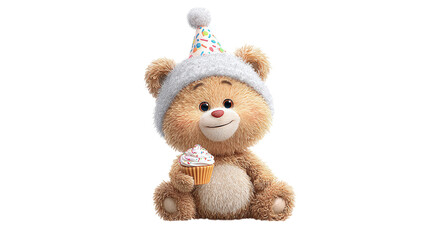 Cartoon teddy bear wearing a birthday hat, holding a small cupcake, cute child-friendly character, transparent background 