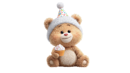 Cartoon teddy bear wearing a birthday hat, holding a small cupcake, cute child-friendly character, transparent background