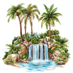 Waterfall surrounded by tropical palms and wildflowers,  on transparent png background. Ai generated