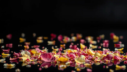 A vibrant cascade of colorful rose petals falling gently against a deep black background
