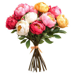 Woman’s hand holding a fresh bouquet of soft pink and white peonies on transparent png background. Ai generated
