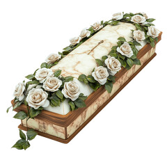 Wooden coffin with flowers arranged on top, isolated on white background,  on transparent png background. Ai generated