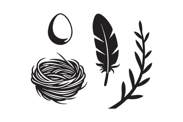 Simple black and white illustration of a bird s nest feather egg and twig