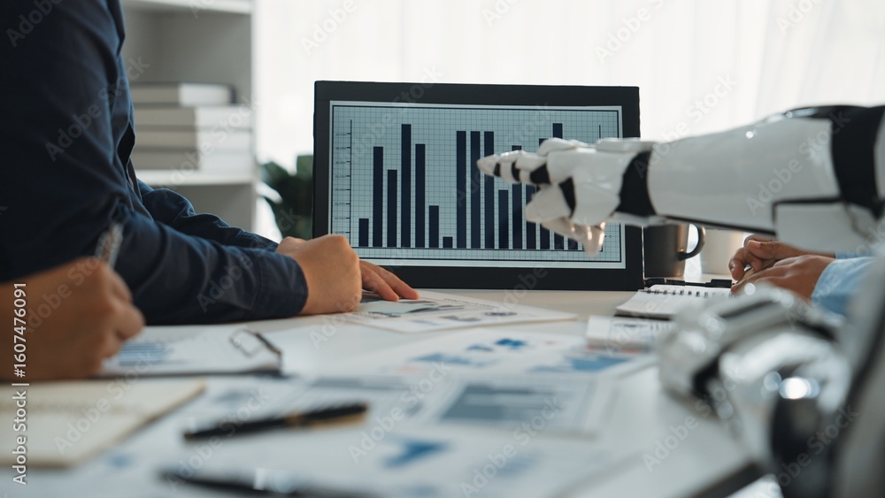 Poster a modern business meeting showcasing a robot hand interacting with a data analysis chart on a screen
