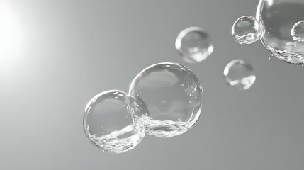 Clear liquid spheres with wavy surfaces floating against a light grey background water bubbles