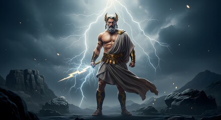 Fototapeta premium Majestic Depiction of a Mythical God Commanding Thunder with Lightning in a Dramatic Landscape