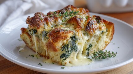 Cheesy spinach stuffed bread with fresh thyme garnish on white plate