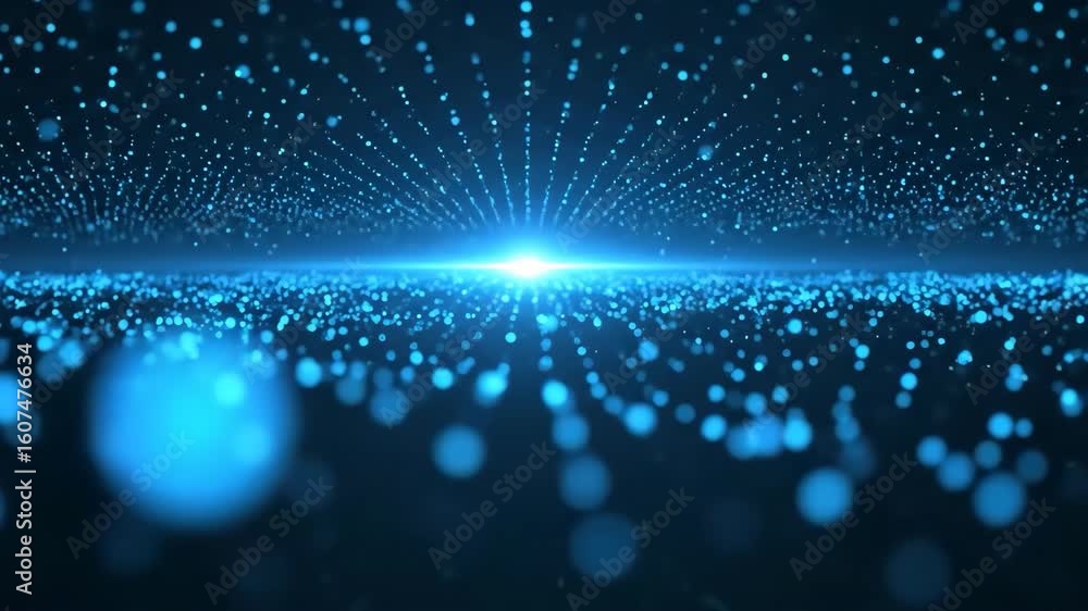 Poster azure data stream glowing particles in infinite cyber space.