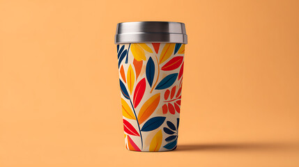 Colorful floral patterned travel mug with silver lid coffee cup reusable cup