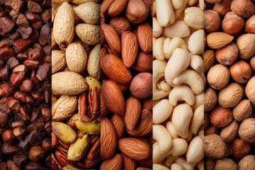 Obraz premium Collage of healthy nuts and legumes that improve heart and digestion health.