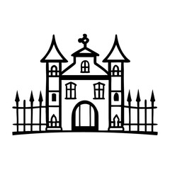 Fototapeta premium Illustrated mansion with gate and pointed fence in black outline 