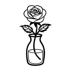 Rose in a glass vase with water and leaves in black outline  