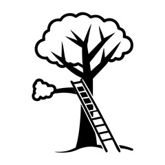 Tree with ladder in black silhouette on white background  