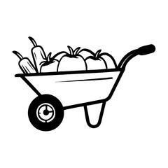 Wheelbarrow filled with fresh vegetables in black and white design  