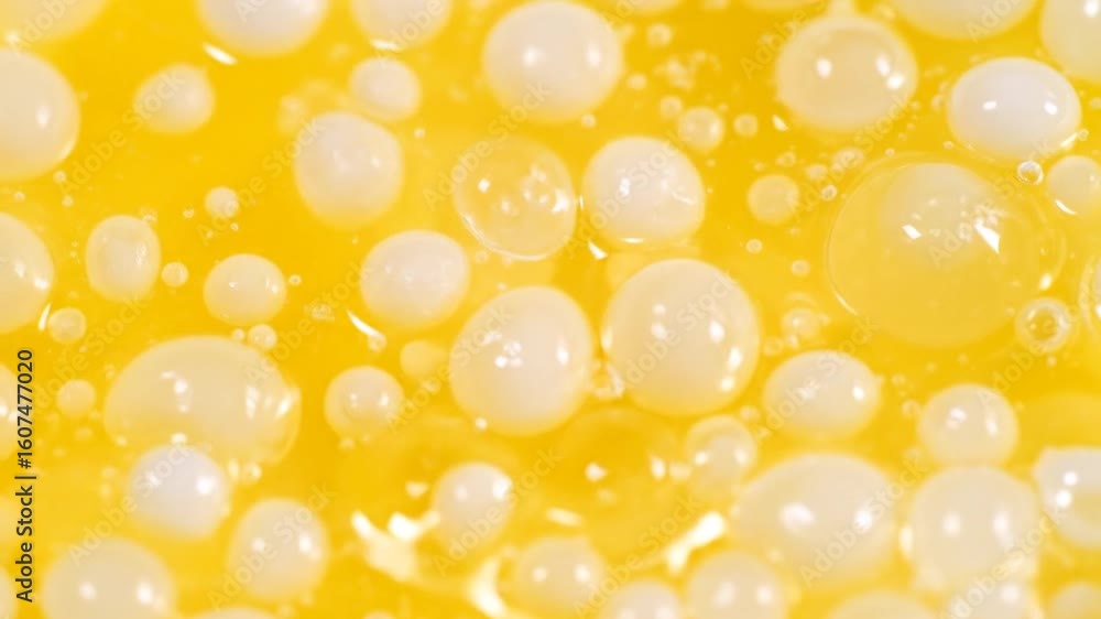 Poster abstract macro texture featuring yellow liquid with white bubbles and spheres creates a visually app