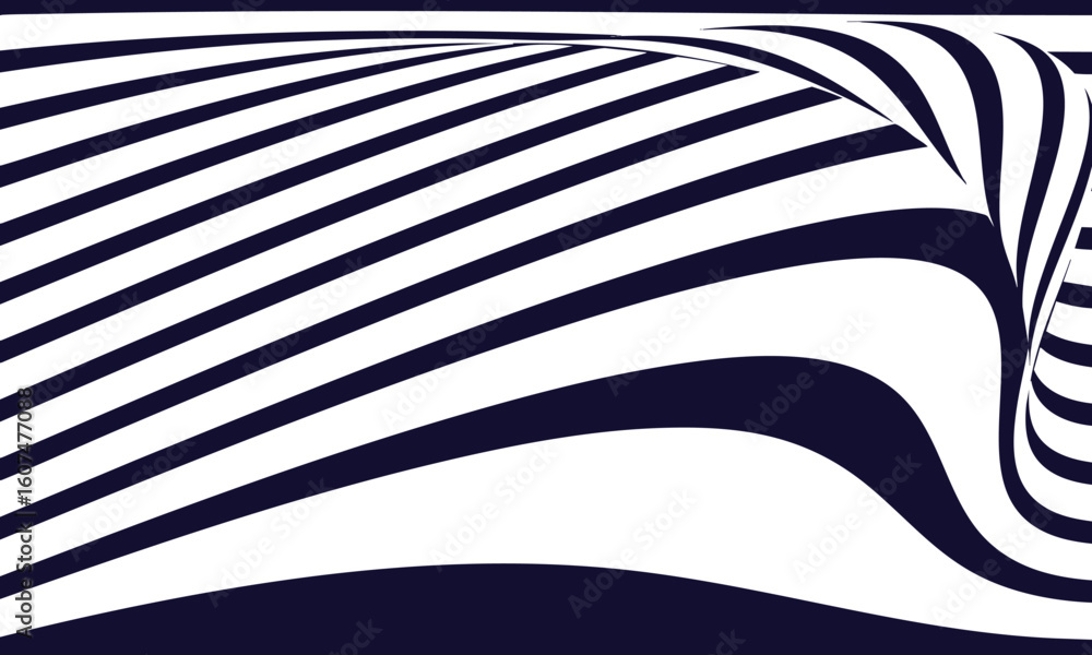 Poster abstract optical illusion of flowing dark blue and white wavy stripes creating a dynamic visual effe