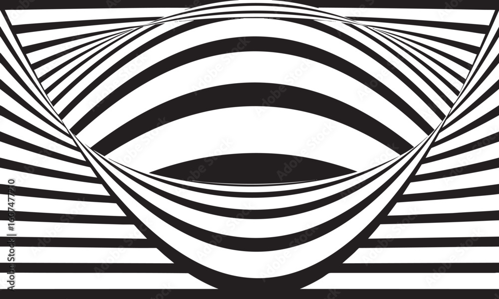 Poster abstract black and white optical illusion with curved lines creating a distorted tunnel effect