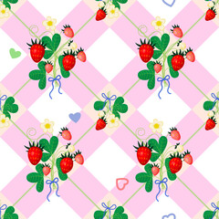 Bouquets of berries and flowers of strawberries on a pink checkered tablecloth. Cartoon style. Seamless pattern. Vector
