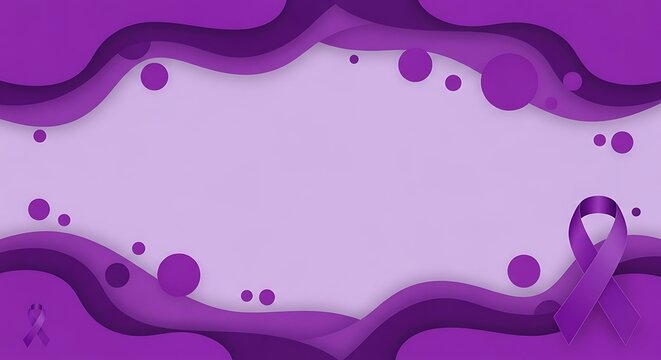 Purple awareness ribbon design with flowing abstract shapes and circles symbolizing support and hope for causes like epilepsy domestic violence and Alzheimer's disease awareness