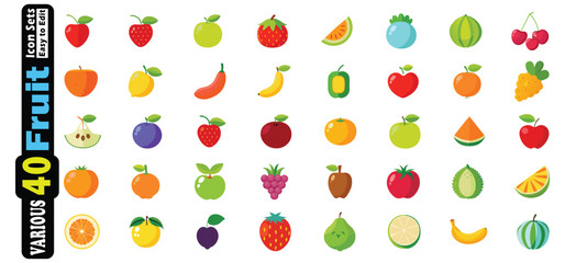 Assorted colorful flat fruit icons on white background with text apple strawberry