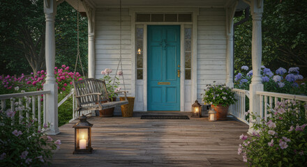 Serene Porch with Swing and Flowers.