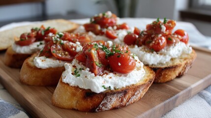 Delicious tomato bruschetta appetizers with ricotta on toasted bread
