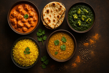 A vibrant spread of classic Indian dishes on a dark rustic background, showcasing rich flavors, colorful spices, and authentic culinary artistry.