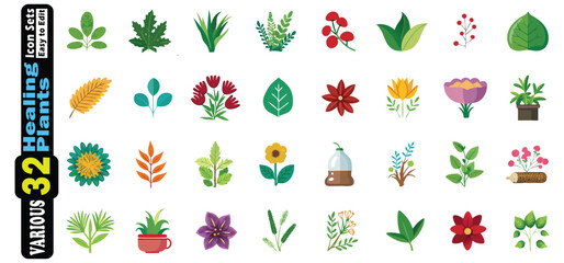 Collection of 32 various flat design plant and flower icons leaf