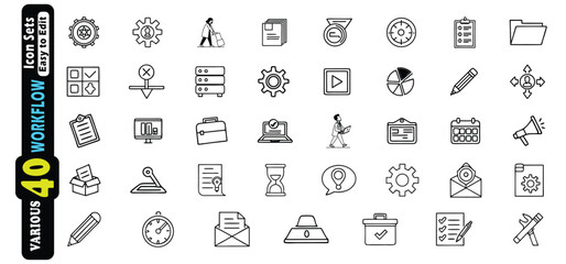 Collection of 40 Black and White Workflow Icons for Business and Planning vector