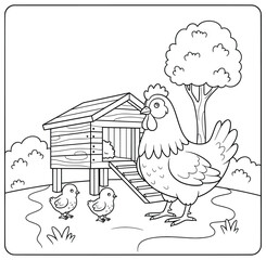 Mother Hen with Two Chicks Near Chicken Coop and Tree — Cute Farmyard Coloring Page for Kids