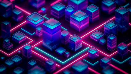Isometric city blocks of glowing cubes and rectangles hover midair, illuminated by vibrant neon-lit streets and rooftop accents.