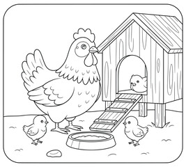 Mother hen with chicks near wooden chicken coop – cute farm scene in black and white line art for coloring pages
