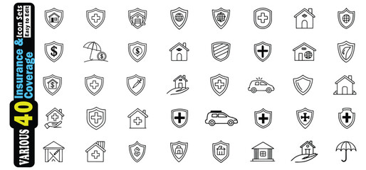 Collection of 40 Insurance and Coverage Icons with Shields Houses and Cars vector