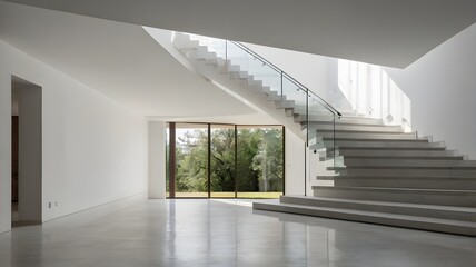 Fototapeta premium Modern Minimalist Staircase with Glass Railing in Bright Interior