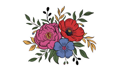 Modern vector illustration of various hand-drawn flowers and leaves arranged, a Beautiful romantic flower collection, leaves, floral bouquets, flower compositions., easily editable.