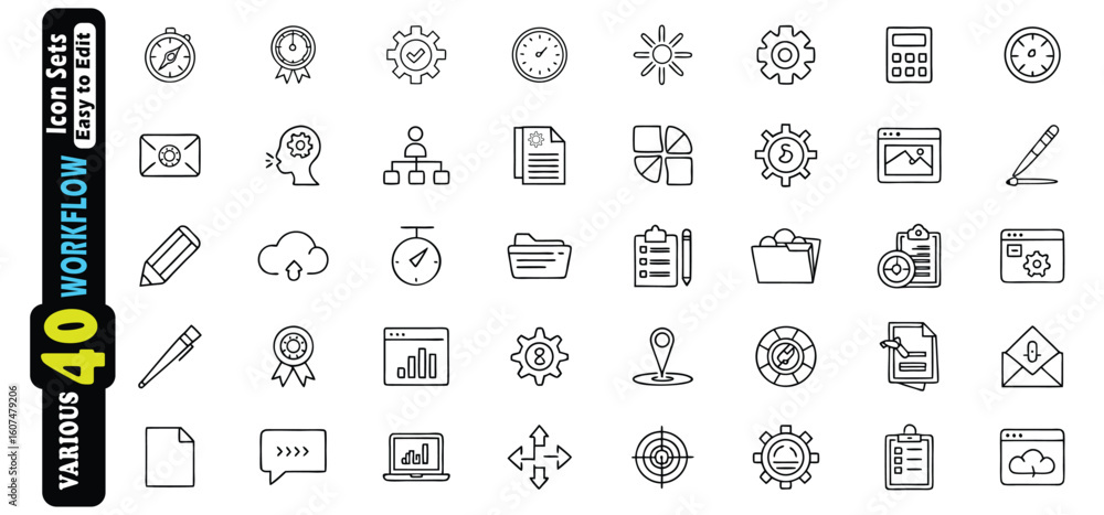 Poster collection of 40 simple outline icons for workflow and business vector