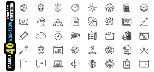 Collection of 40 simple outline icons for workflow and business vector