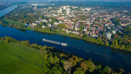 Aerial panorama view around the city Hanau in Germany on a sunny morning day in summer.