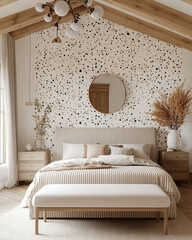 modern bedroom featuring stylish bed with striped duvet, wooden nightstands, and decorative plants. wall is adorned with unique dotted pattern, creating cozy