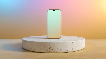 Modern smartphone on stone pedestal with gradient background.