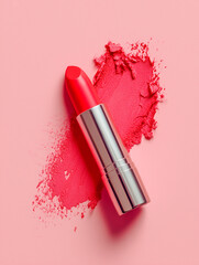 Bright red lipstick on pink background. 