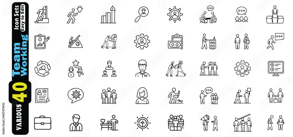 Poster collection of 40 thin line icons representing teamwork and business concepts collaboration 1
