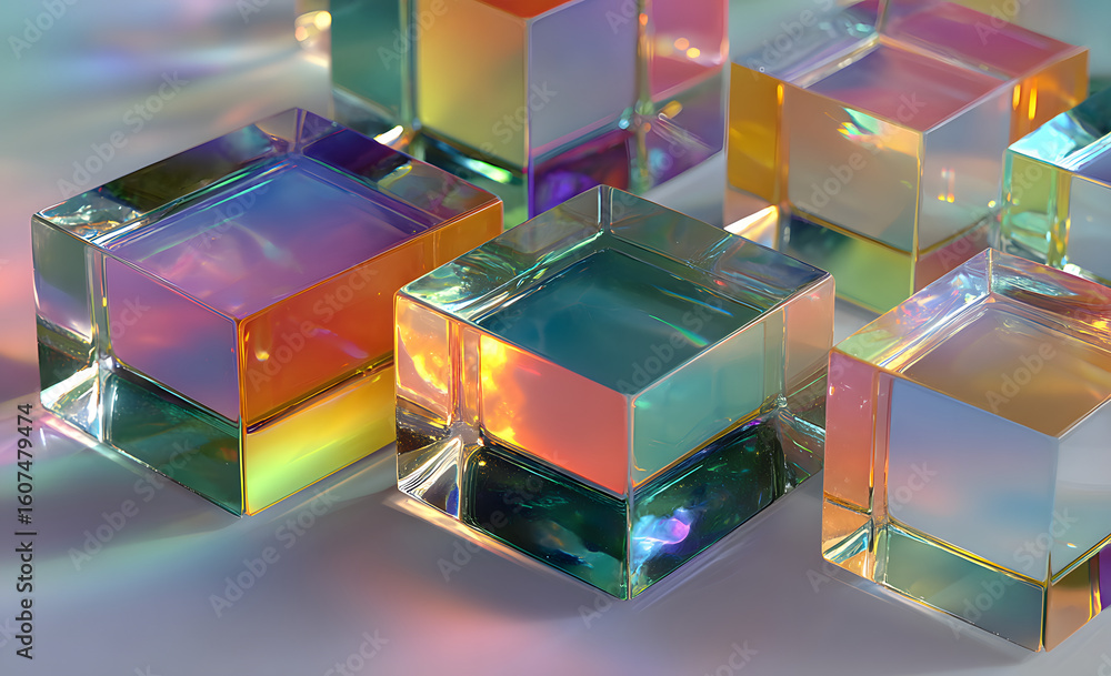 Aufkleber 3d glass holographic transparent square plate shapes on pastel macro background. abstract geometric 