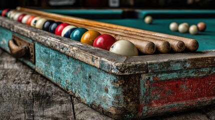 Vintage pool table with racked balls and cues