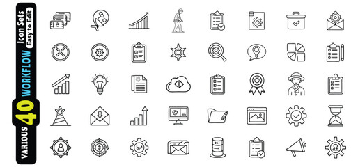 Collection of 40 thin line icons representing business workflow and tasks icon set checklist