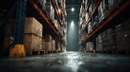 Warehouse interior, stacked boxes, aisle