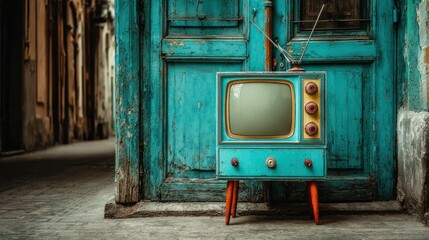 Vintage teal TV beside weathered teal door