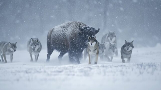 A wolf pack surrounds a massive bison amid a heavy snowstorm, their bodies low and tense, eyes fixed on the prey &mdash; a raw, cinematic portrait of survival in the wild.
