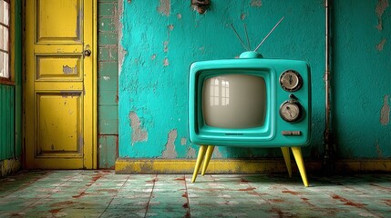 Vintage teal TV in aged room